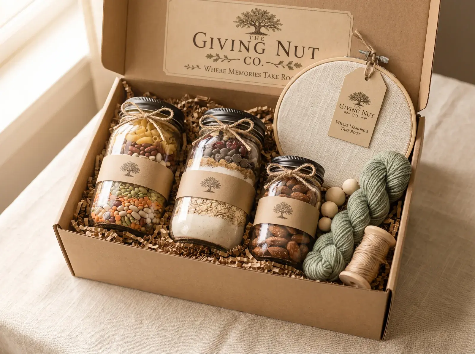 Gather & Create, open: three labelled jars with an embroidery hoop, yarn and wooden beads in a kraft gift box