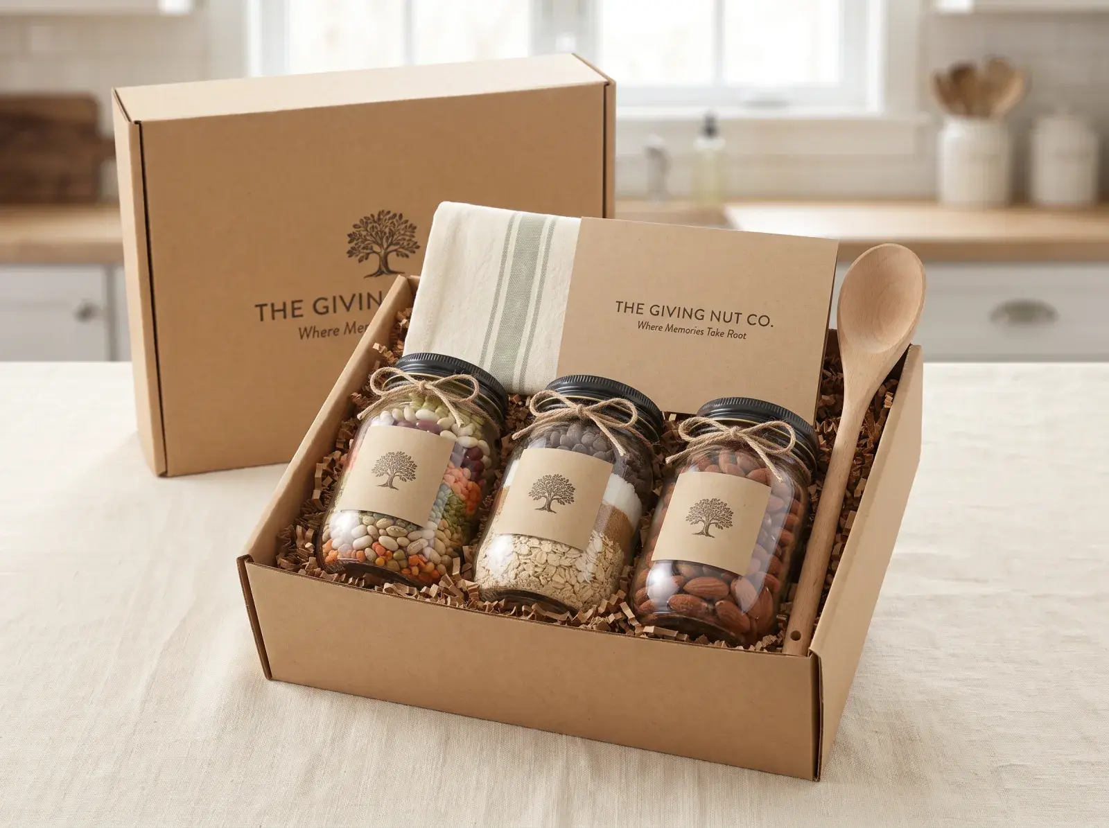 Gather, open: three labelled jars, a striped kitchen towel and a wooden spoon in a kraft gift box