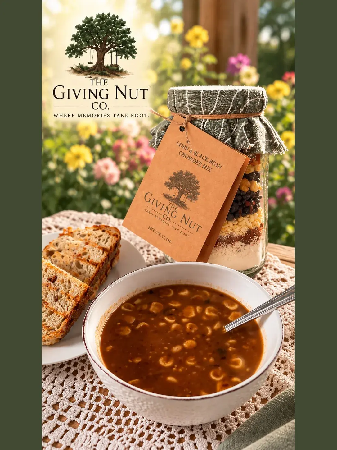 A bowl of chowder made from a Giving Nut Co. jar, with sliced bread and the tagged jar behind it on a garden table