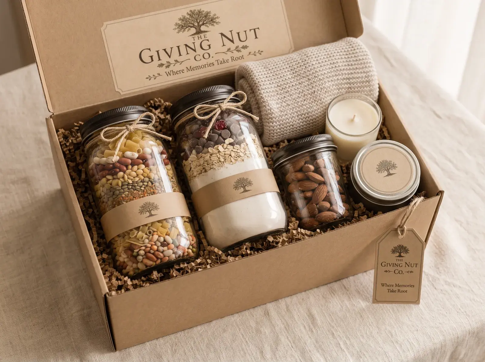 Warmest Wishes, open: three labelled jars with a knit throw, a candle and a tin of tea in a kraft gift box