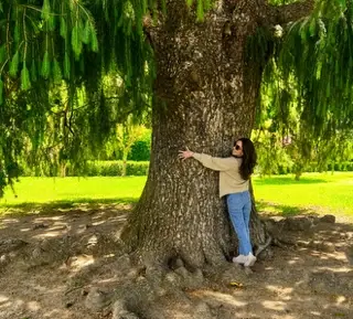 Jessica with her arms wrapped around the broad trunk of a large old tree in a park